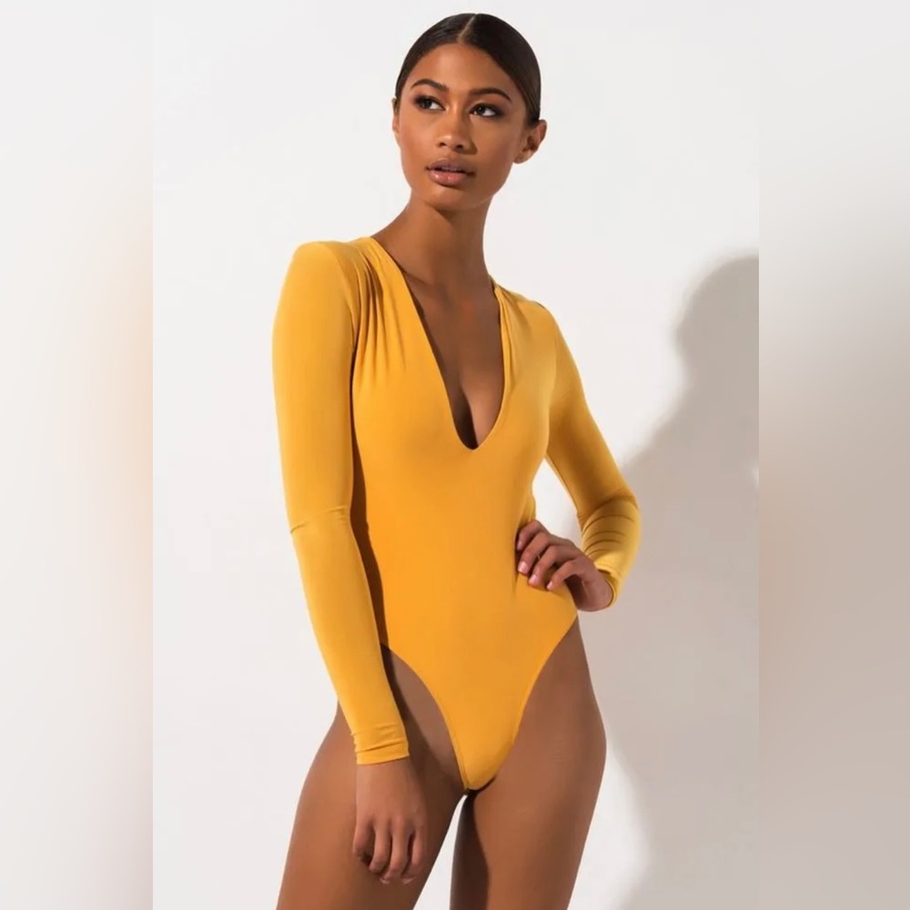 Mustard deep v neck bodysuit with crotch snap small akira